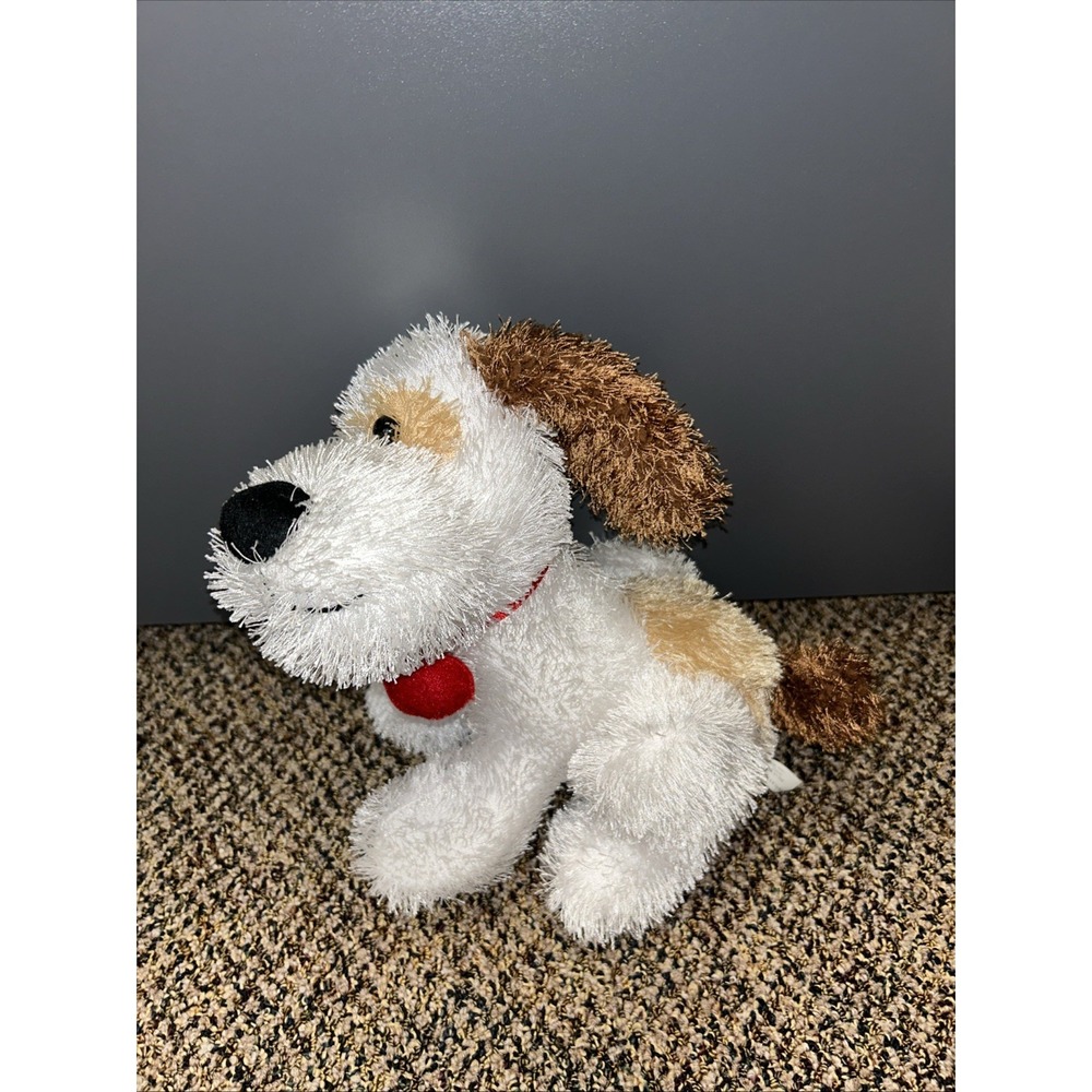 Emrad Creations Puppy Dog Plush Stuffed Animal White Brown Spot Red Heart Shaggy